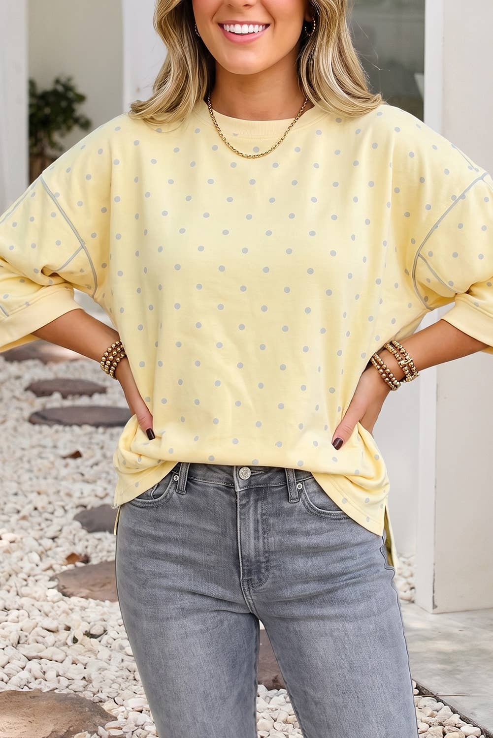 LDC Polka Dot Print Piping Trim 3/4 Sleeve Relaxed Top