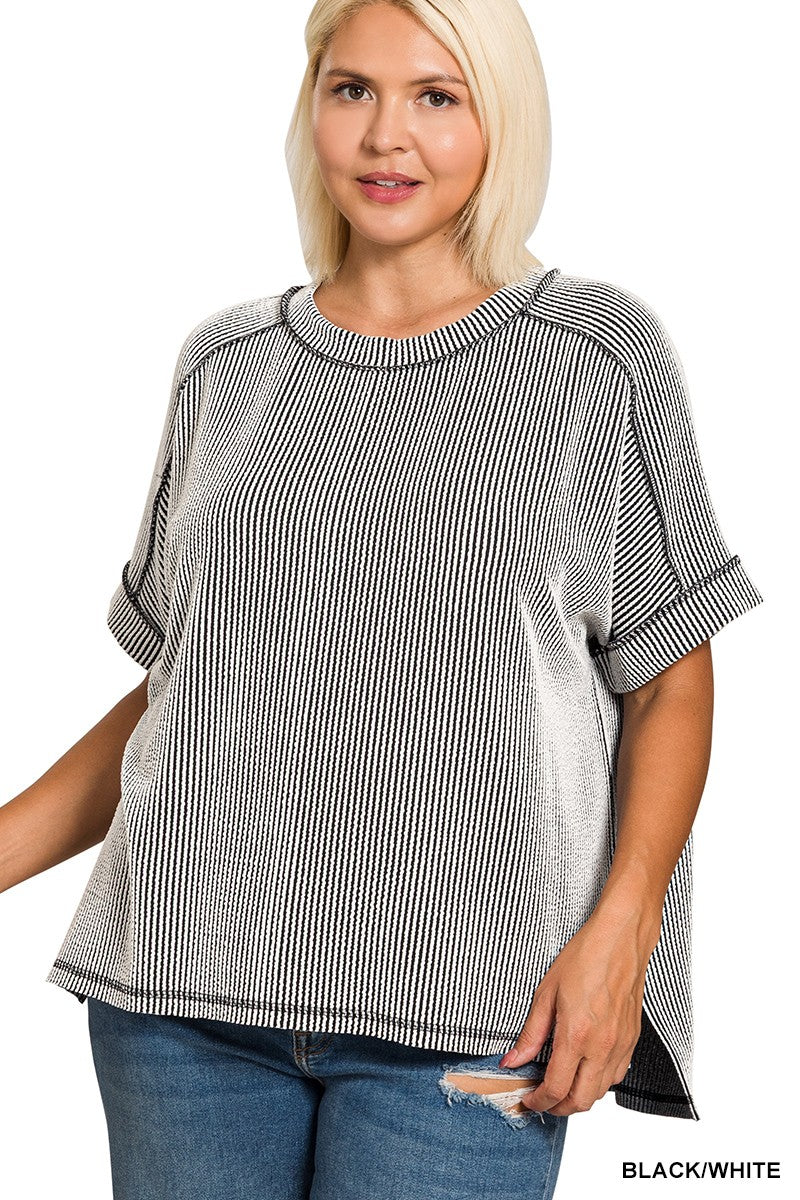 Plus Raised Rib Cuff Sleeve Raw Edge Top