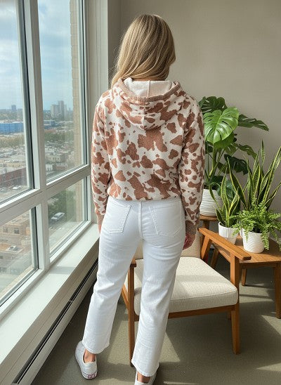 Cow Print Long Sleeve Knit Pullover