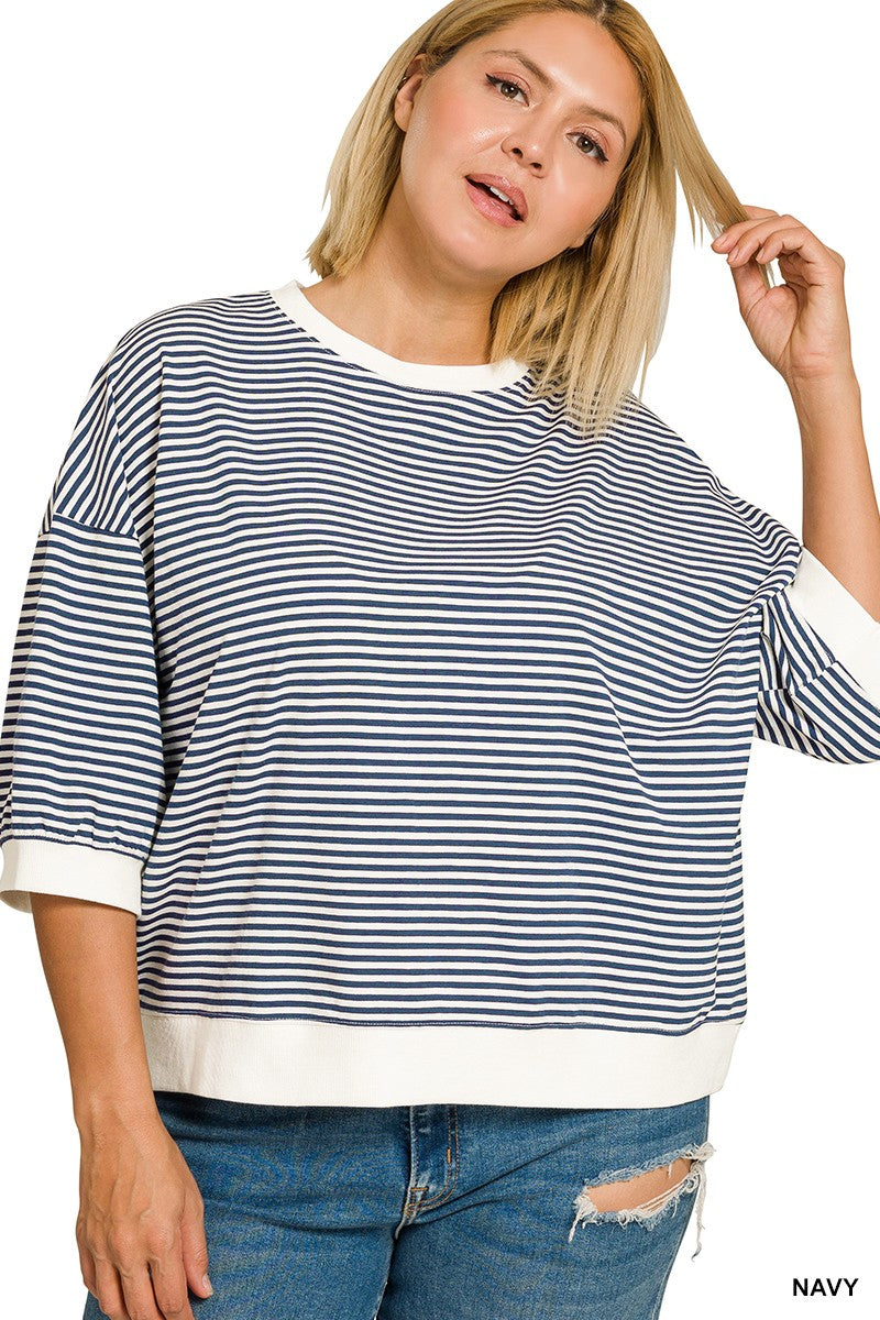 Plus Striped Contrast Trim Rib Banded Top