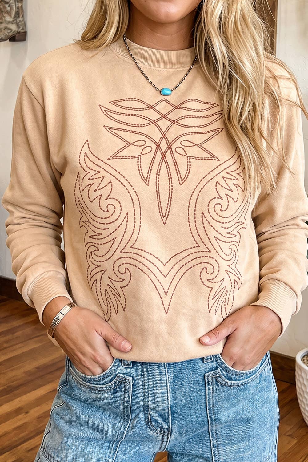 LDC Embroidery Round Neck Pullover Long Sleeve Sweatshirt
