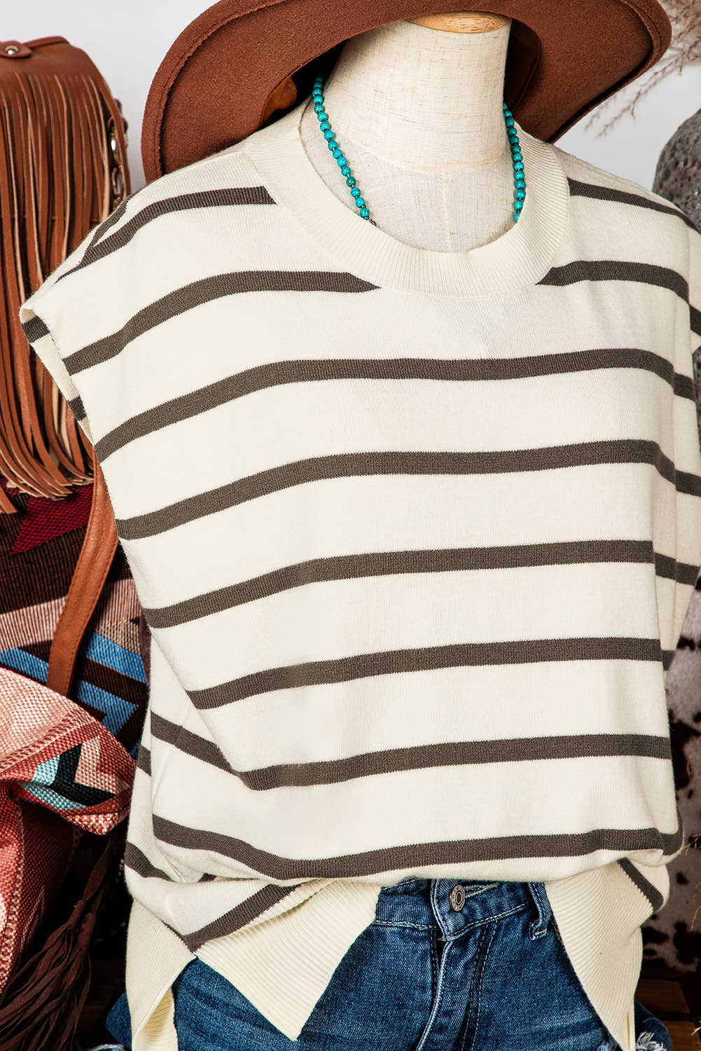 Fashion Stripe Side Slits Crewneck Short Sleeve Sweater Tee