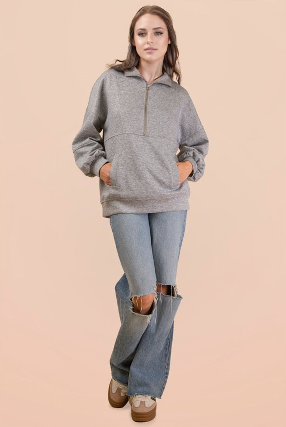 Half Zip Up Oversized Casual Comfy Knit Top