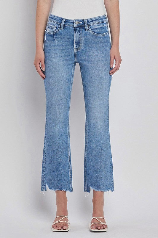 High Rise Uneven Raw Hem Kick Flare Jeans