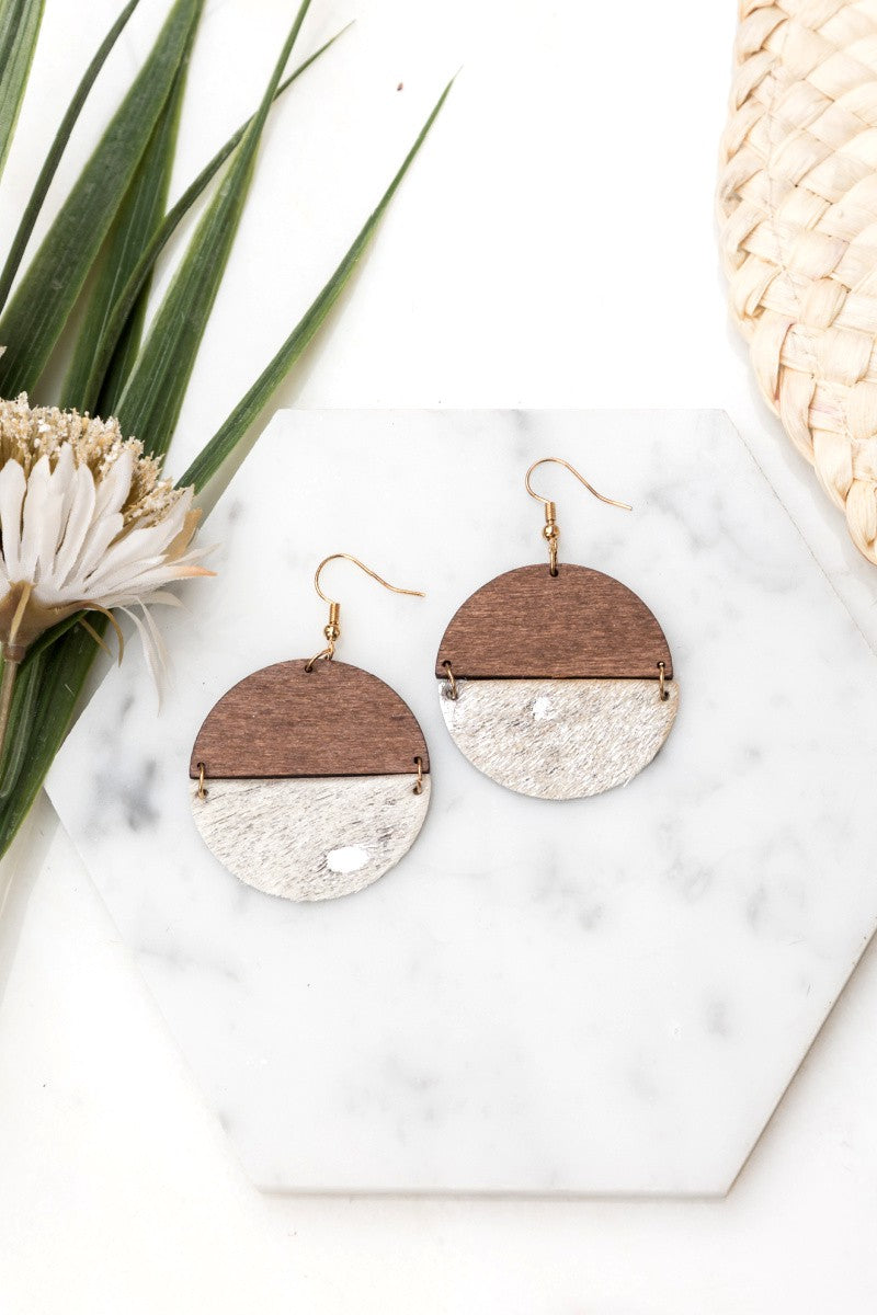 Leather & Wood Half Circle Earrings