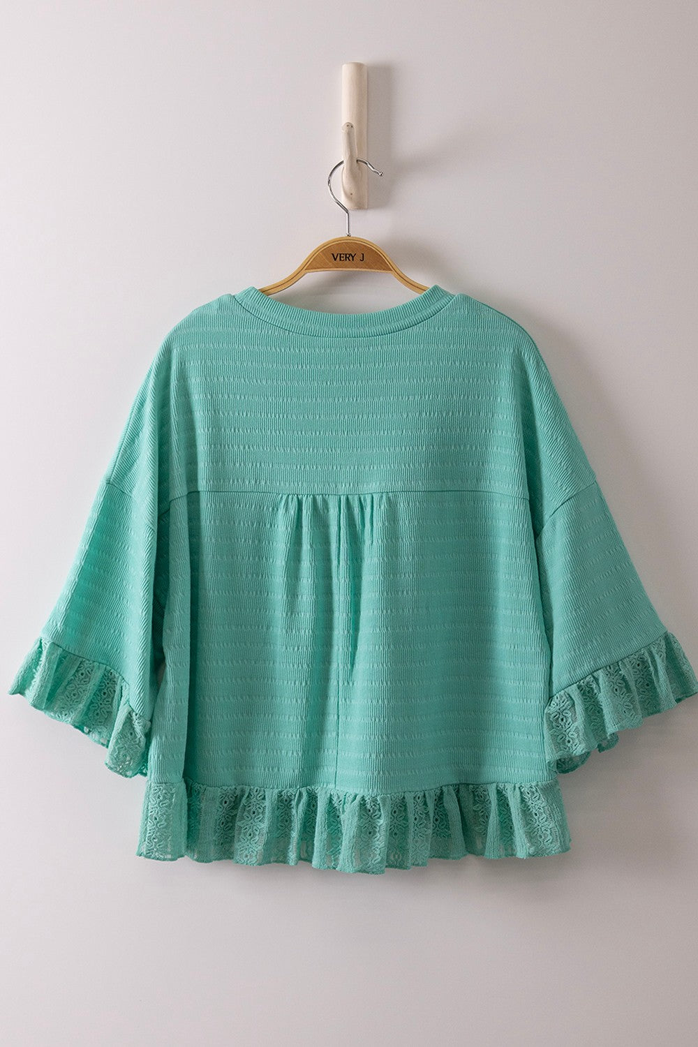 Half Sleeve Lace Ruffle Detail Textured Knit Top