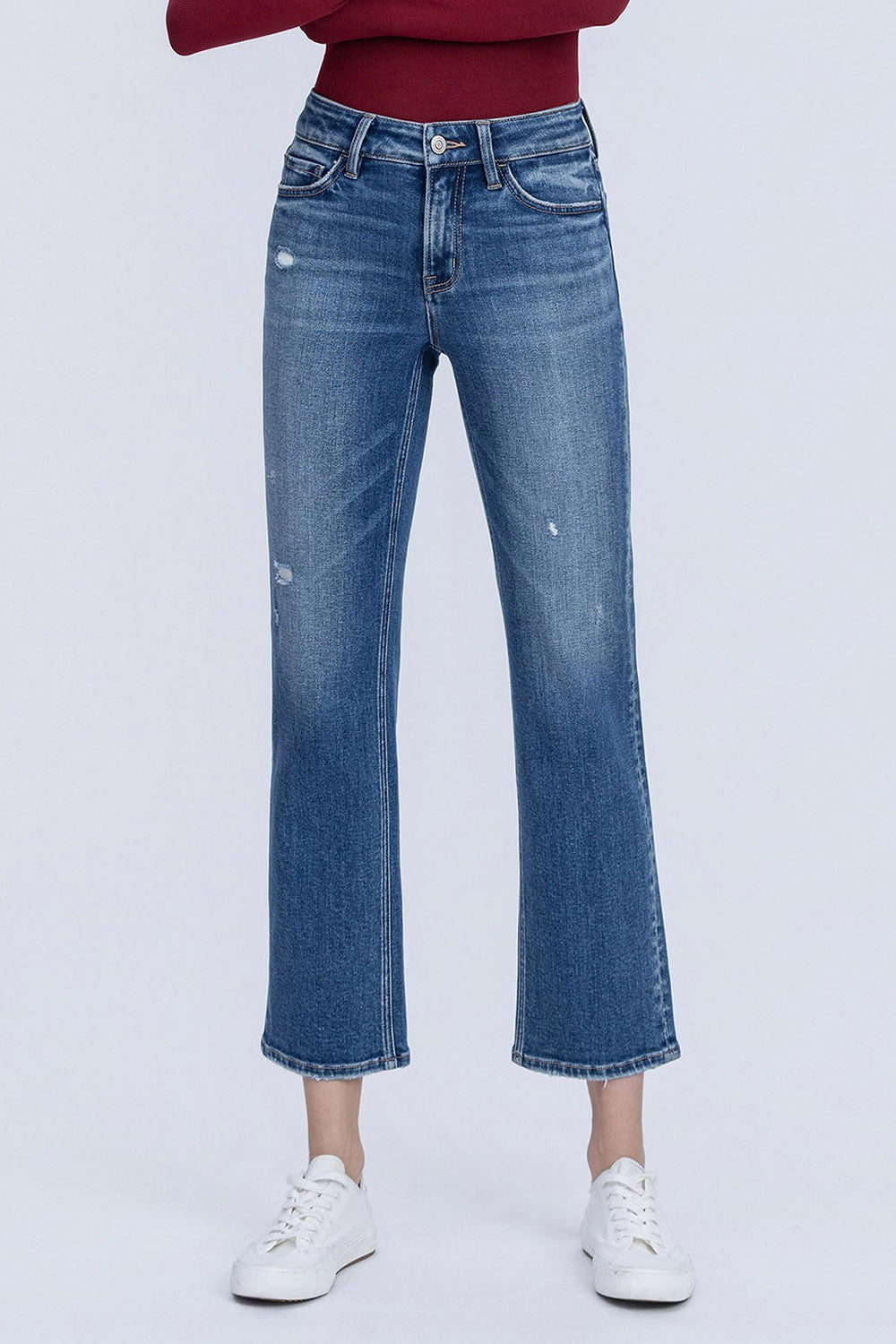 Mid Rise Medium Dark Wash Ankle Straight Jeans