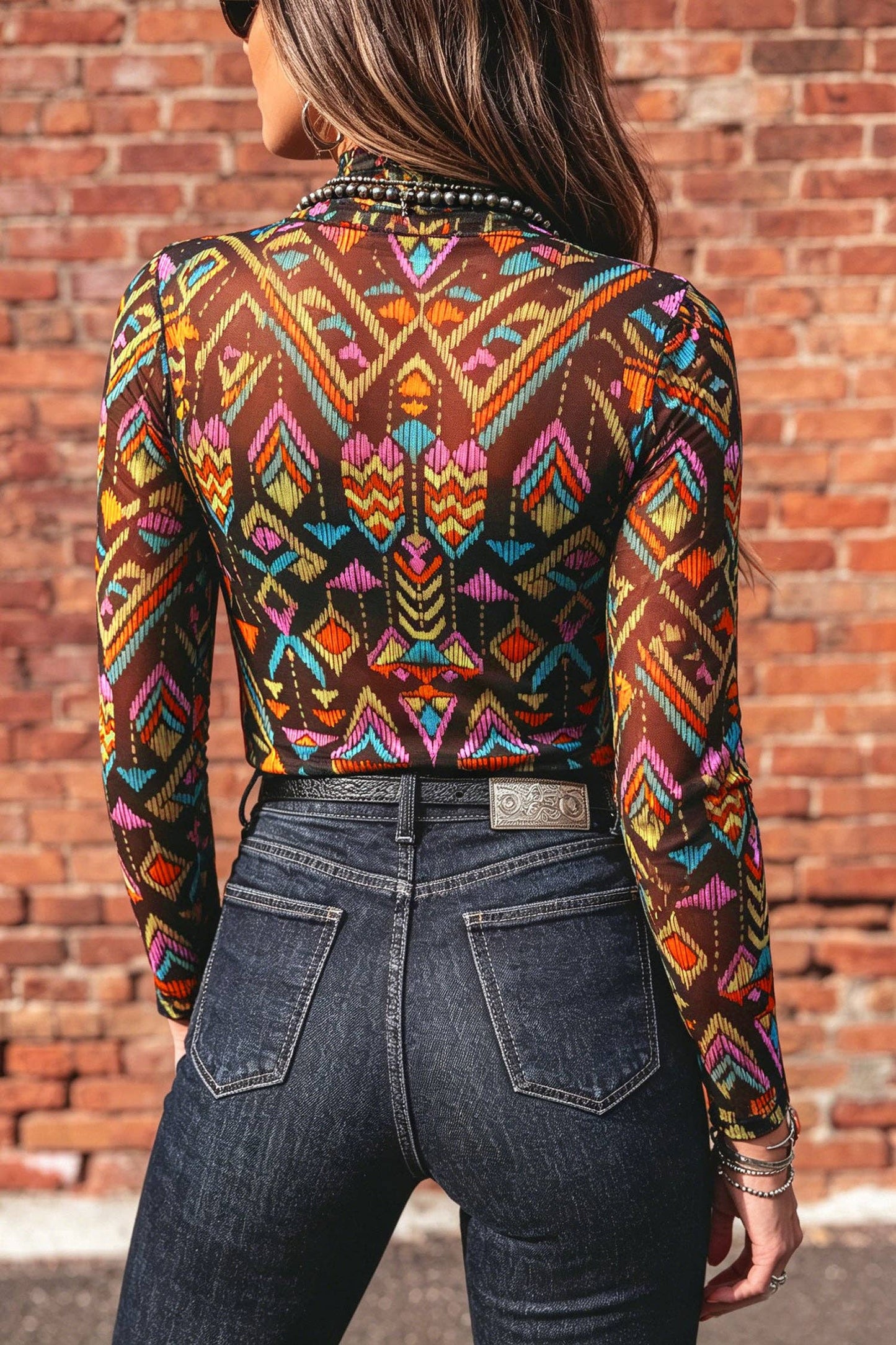 Color black Abstract Print Long Sleeve Stand Neck Mesh Top
