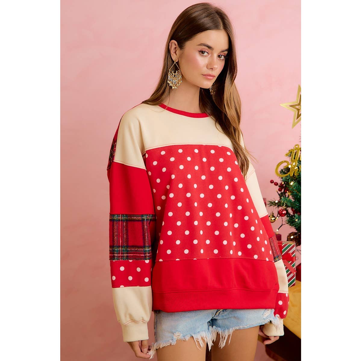 PLAID AND POLKA DOT PATCHWORK CHRISTMAS SWEATSHIRT