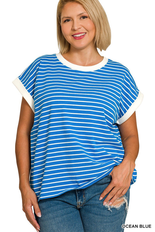 Plus Contrast Trim Cap Sleeve Stripe Tee