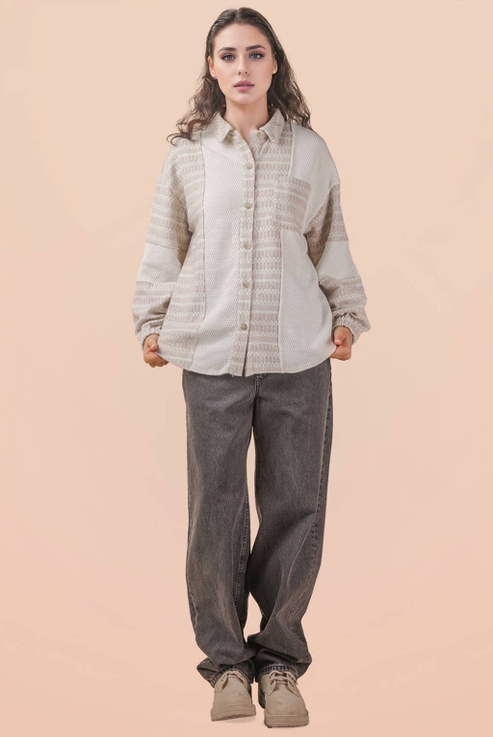 NT12264-Oversized Mixed Knit Casual Shacket Jacket