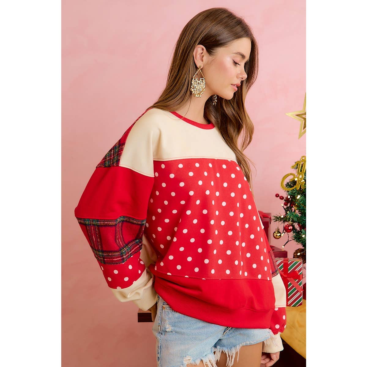 PLAID AND POLKA DOT PATCHWORK CHRISTMAS SWEATSHIRT