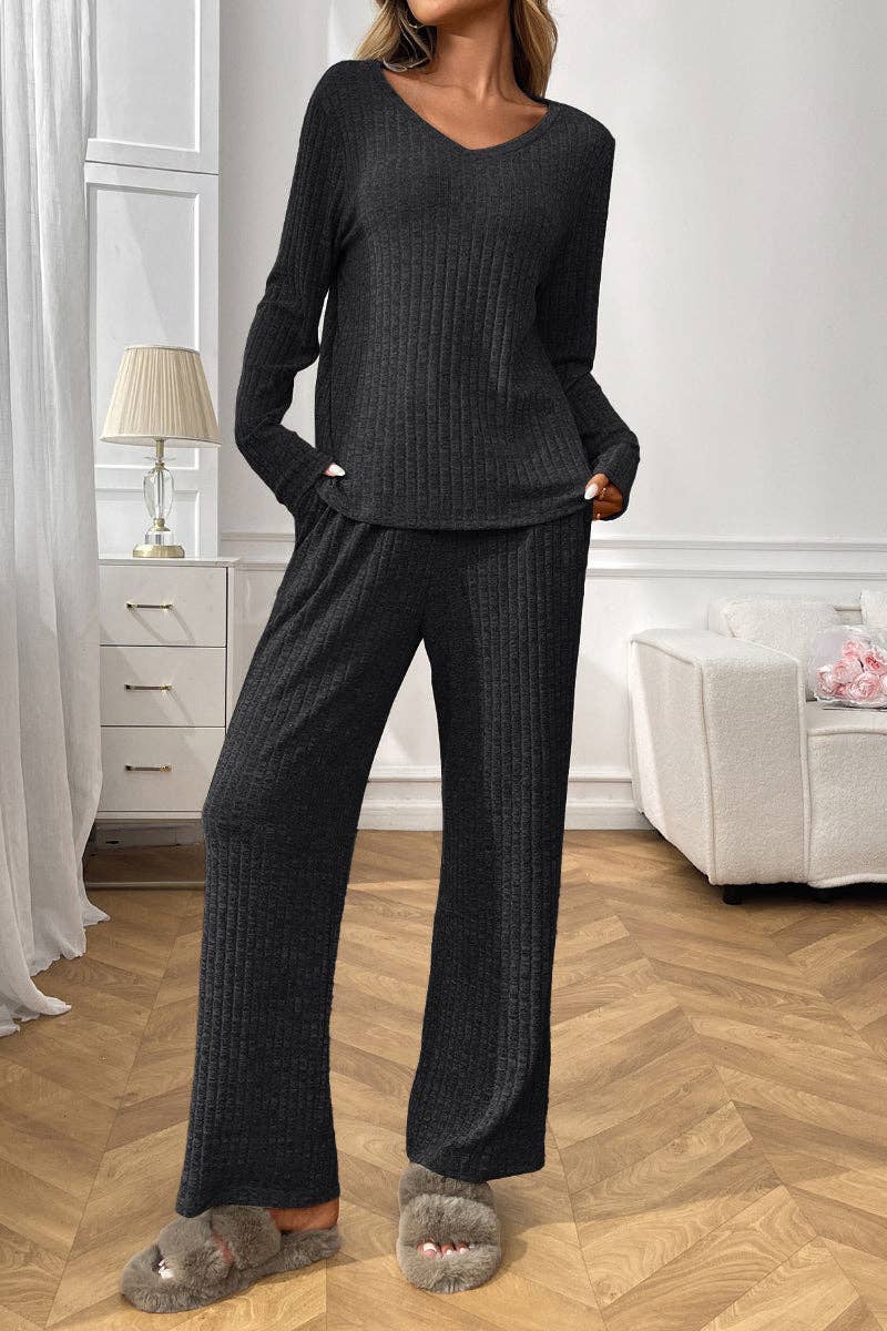 Ribbed Knit Lounge Set with V Neck and Wide Pants
