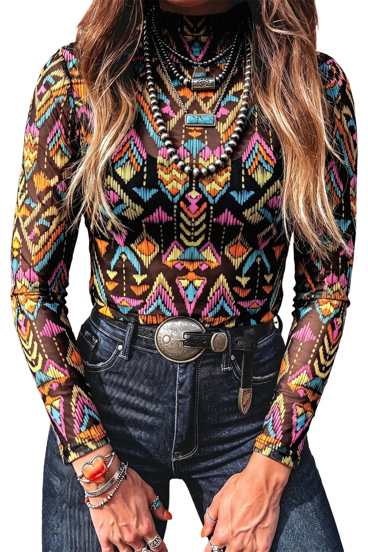 Color black Abstract Print Long Sleeve Stand Neck Mesh Top