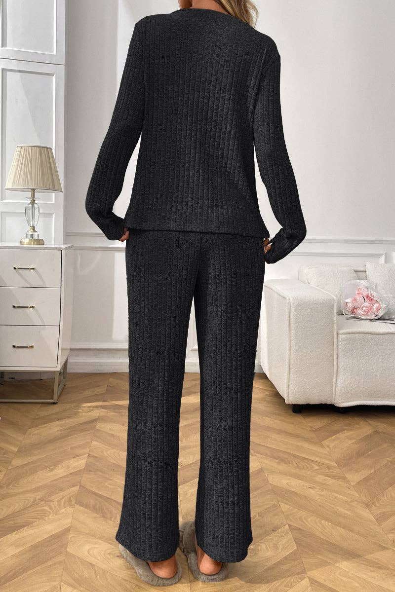 Ribbed Knit Lounge Set with V Neck and Wide Pants