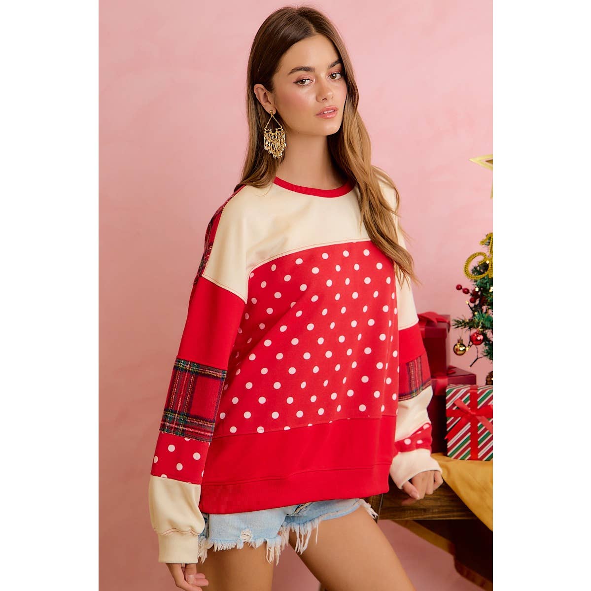 PLAID AND POLKA DOT PATCHWORK CHRISTMAS SWEATSHIRT