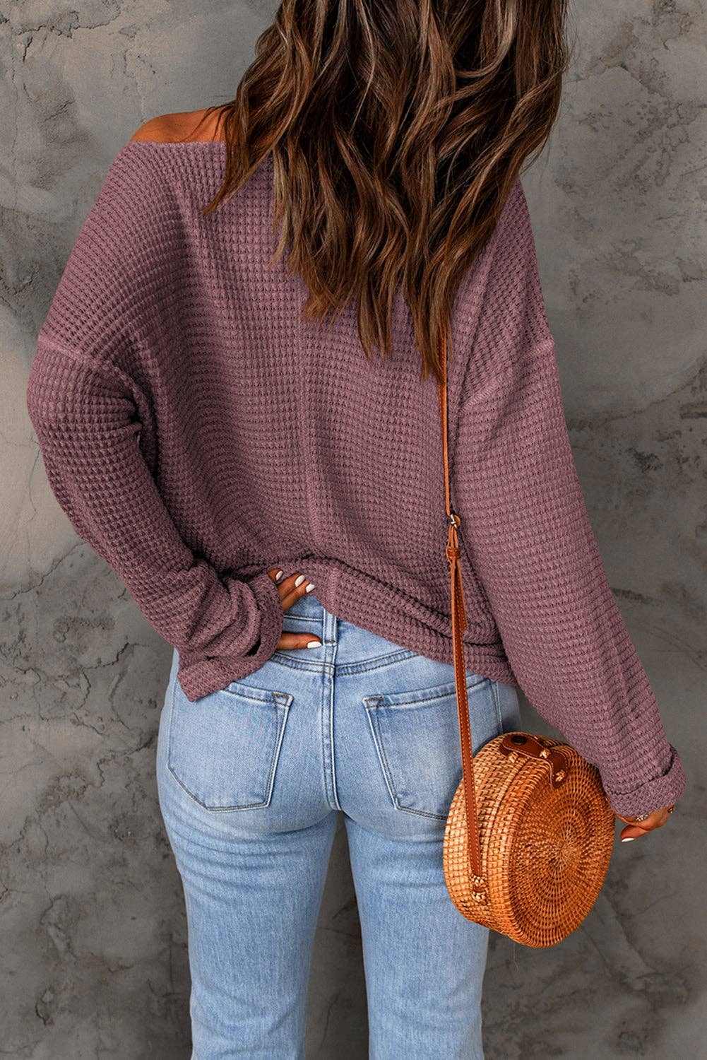 Purple Waffle Knit Loose Long Sleeve Top