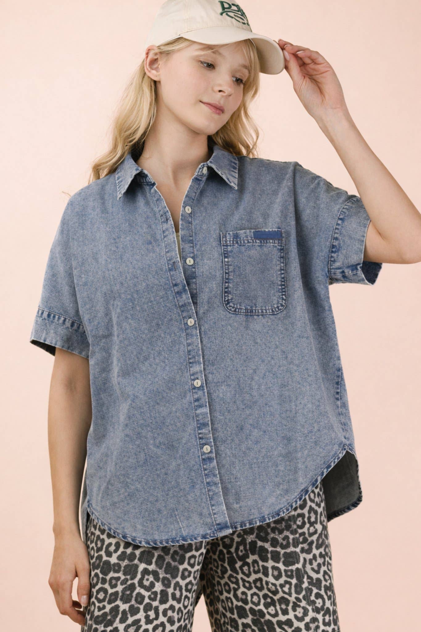 NT12493-Mineral Washed Chambray Oversized Shirt Top
