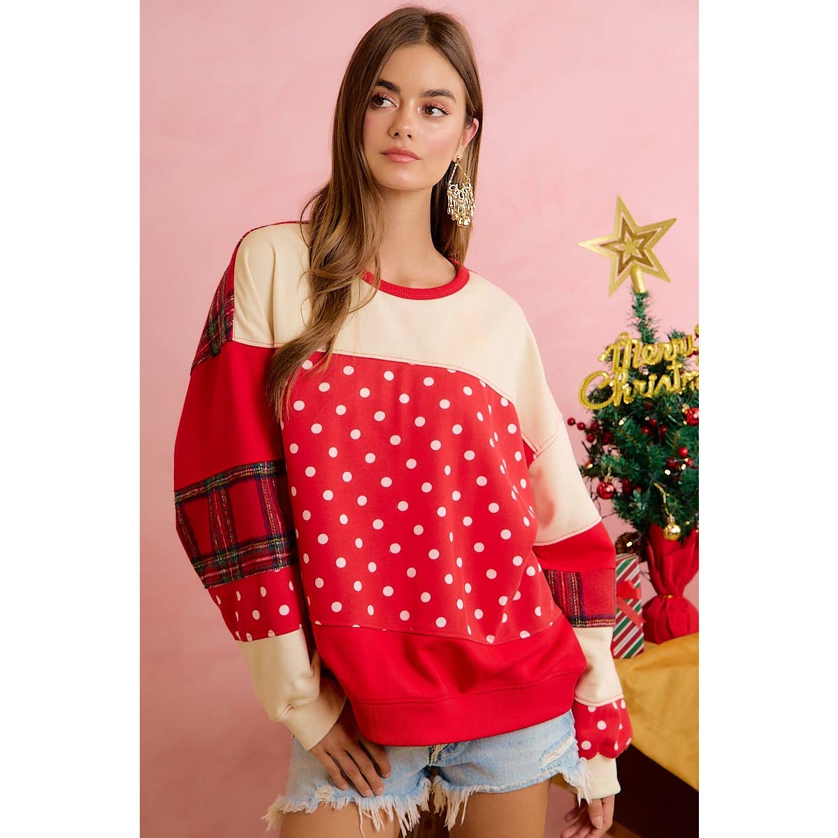 PLAID AND POLKA DOT PATCHWORK CHRISTMAS SWEATSHIRT