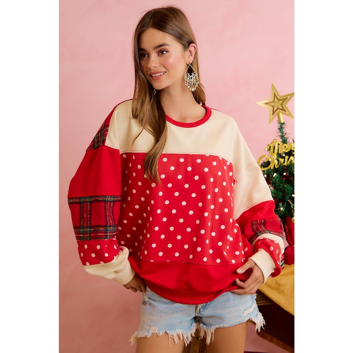 PLAID AND POLKA DOT PATCHWORK CHRISTMAS SWEATSHIRT