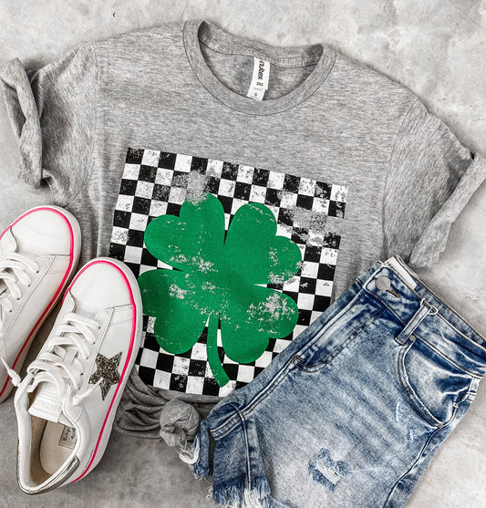 Checkered Shamrock Tee *GREY (S-3X)