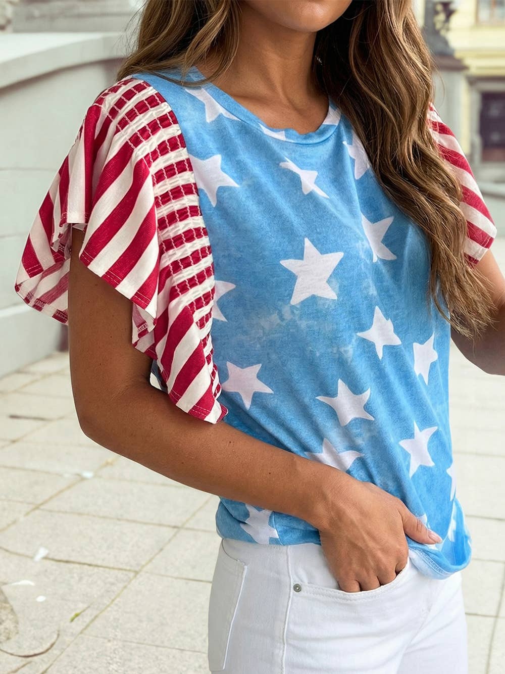 Star Print Striped Ruffle Sleeve Independence Day Top