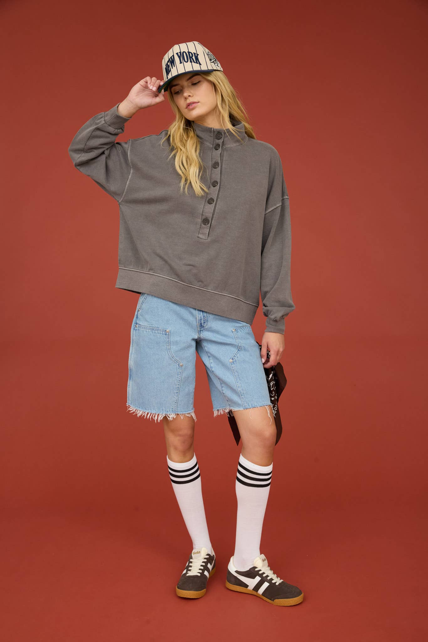 MOCK NECK HENLEY LONG SLEEVE KNIT TOP