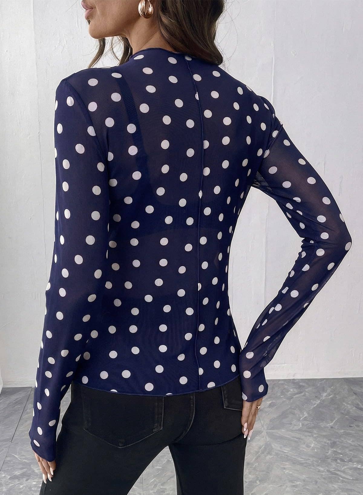 Polka Dot Mesh Top Sheer Fitted Club Blouse