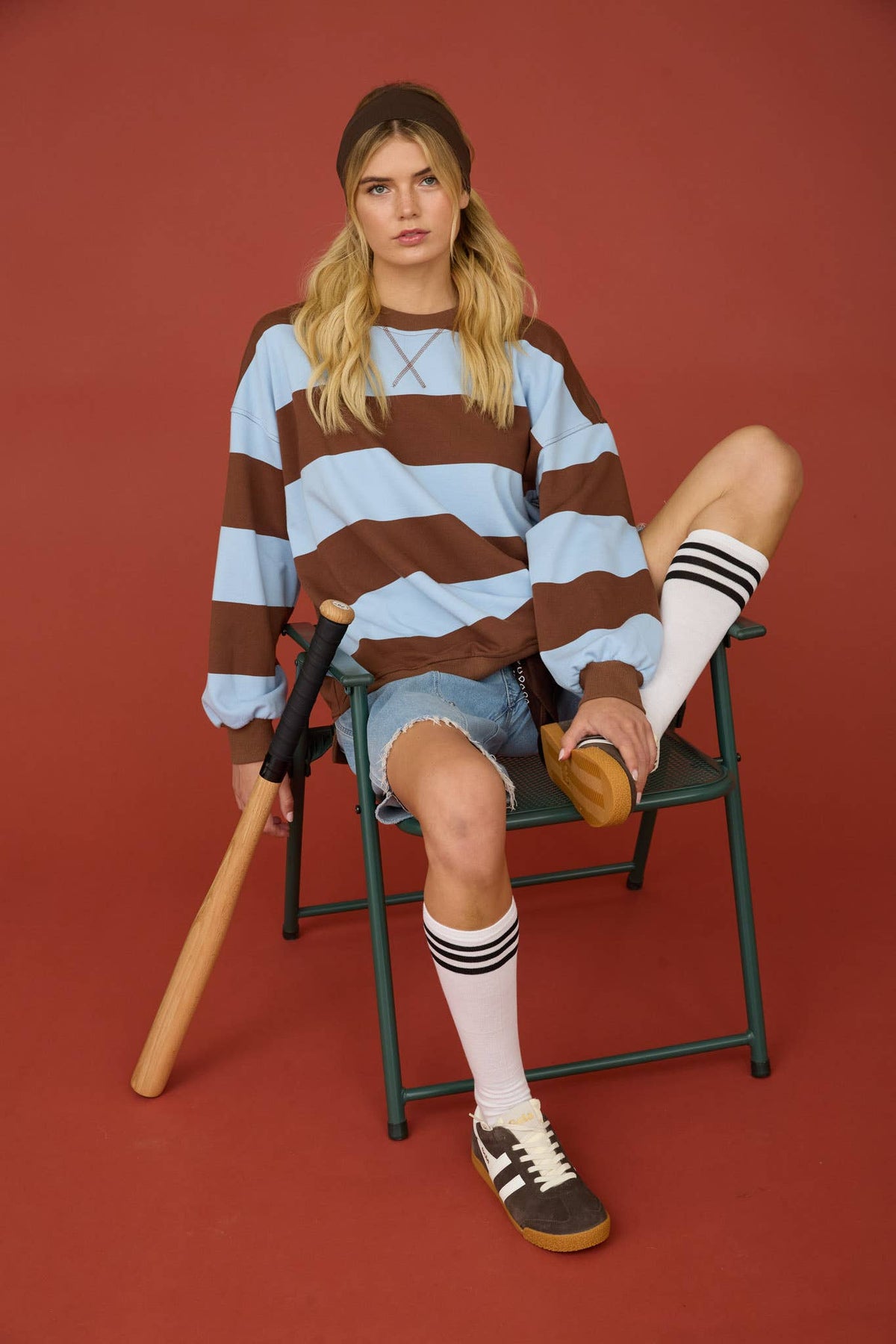OVERSIZED WIDE STRIPE CREW NECK KNIT TOP