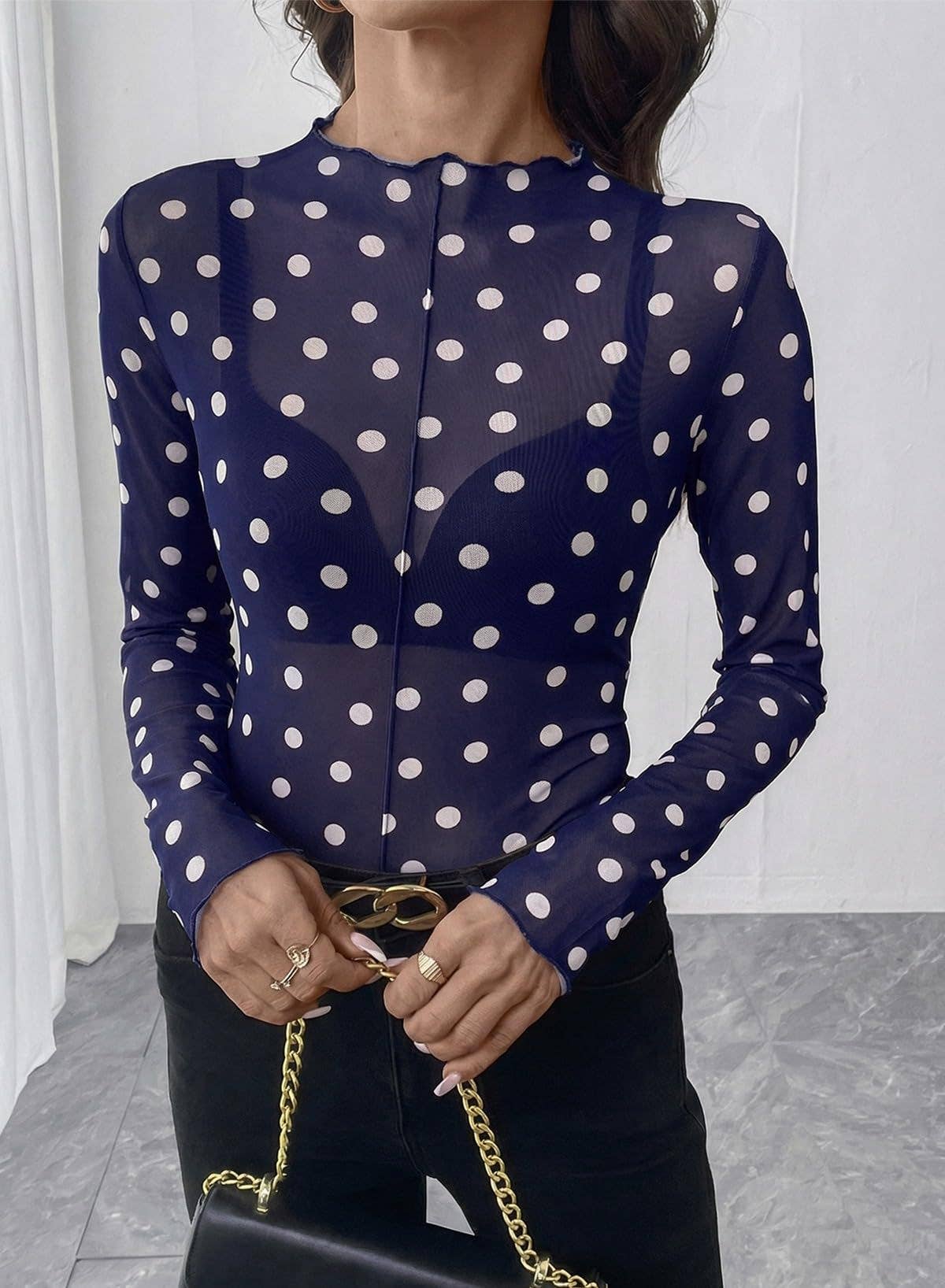 Polka Dot Mesh Top Sheer Fitted Club Blouse