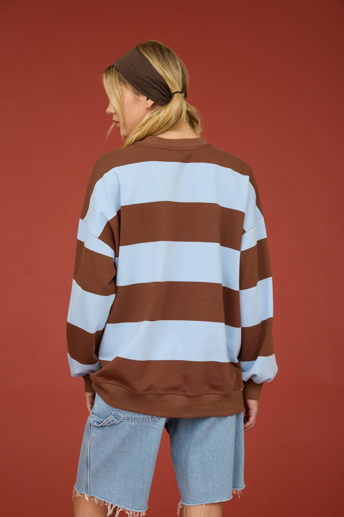 OVERSIZED WIDE STRIPE CREW NECK KNIT TOP