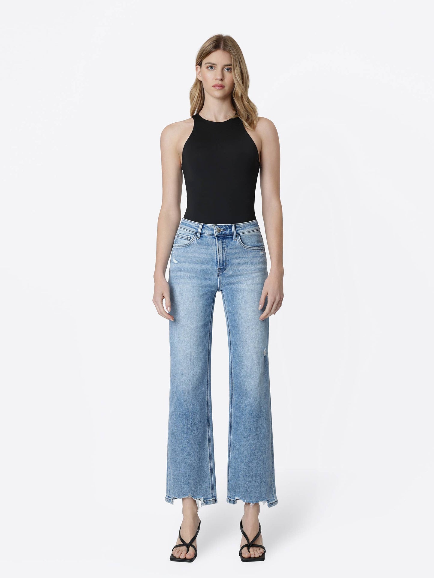 HIGH RISE DISTRESSED HEM SLIM WIDE JEANS LV1998