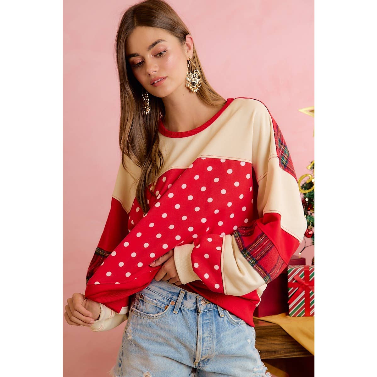 PLAID AND POLKA DOT PATCHWORK CHRISTMAS SWEATSHIRT