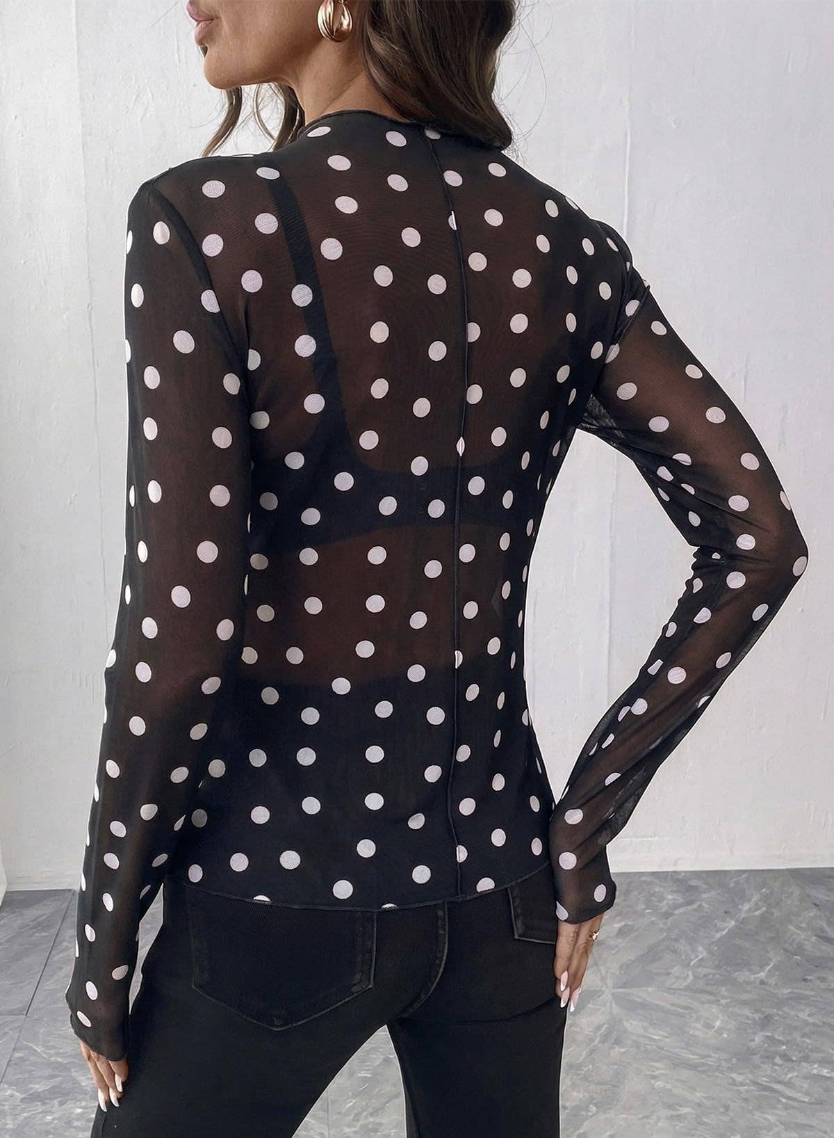 Polka Dot Mesh Top Sheer Fitted Club Blouse