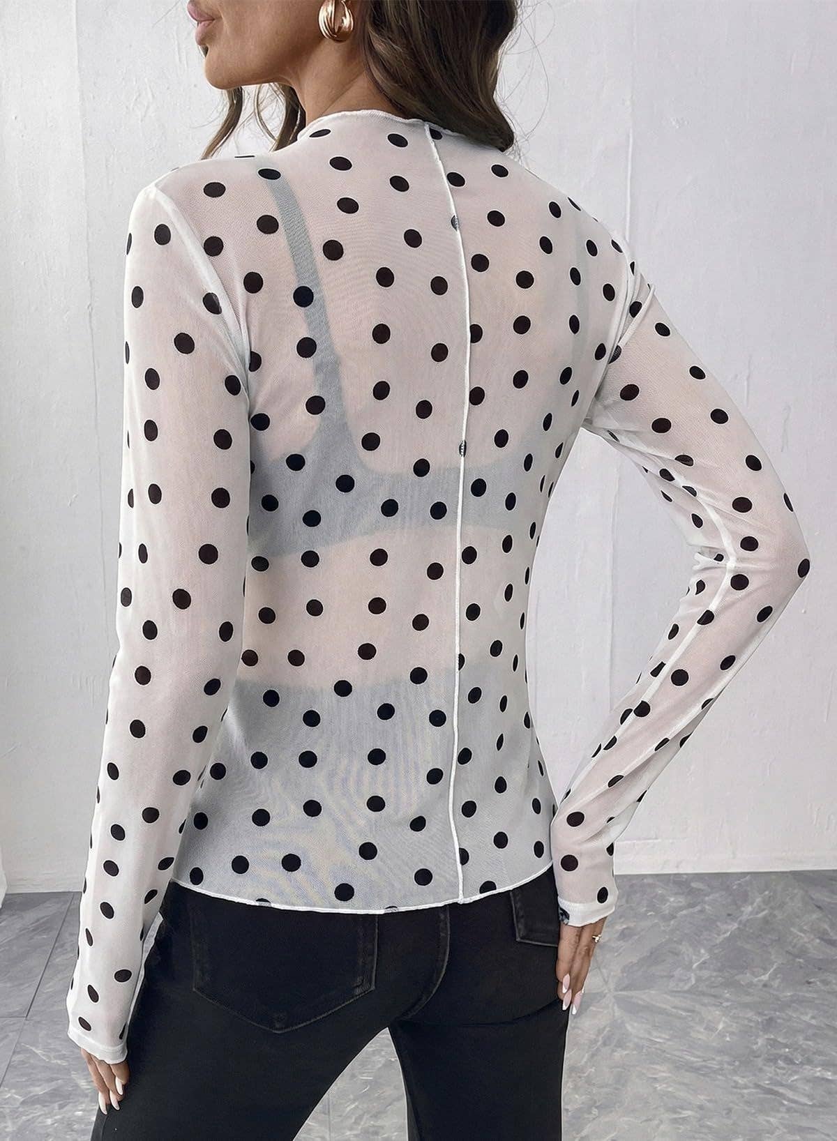 Polka Dot Mesh Top Sheer Fitted Club Blouse