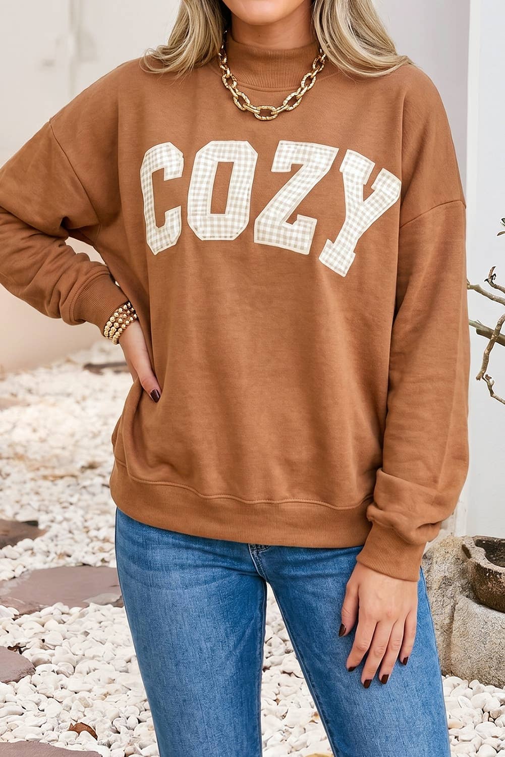 LDC COZY Print Mock Neck Long Sleeve Casual Sweatshirt
