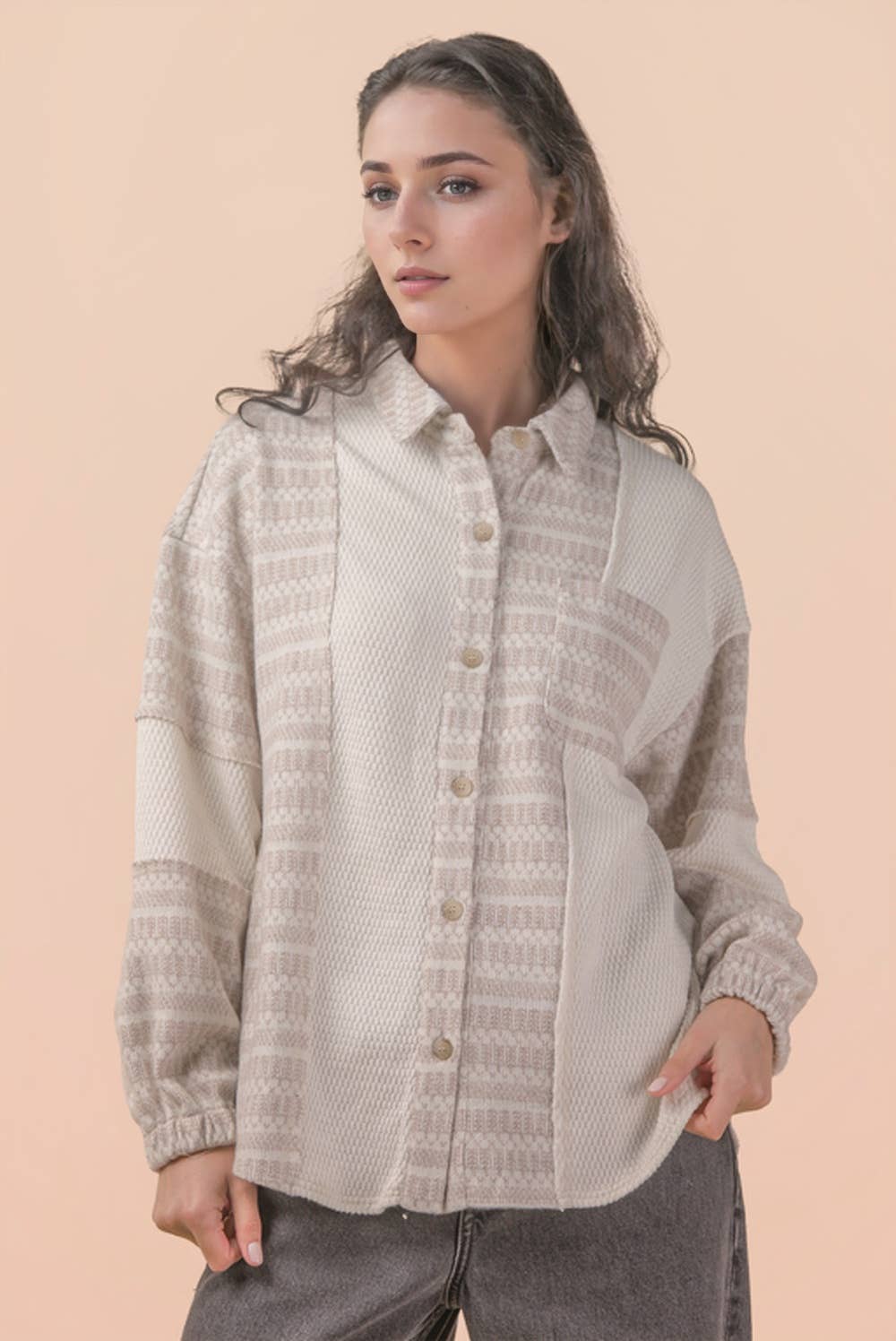 NT12264-Oversized Mixed Knit Casual Shacket Jacket