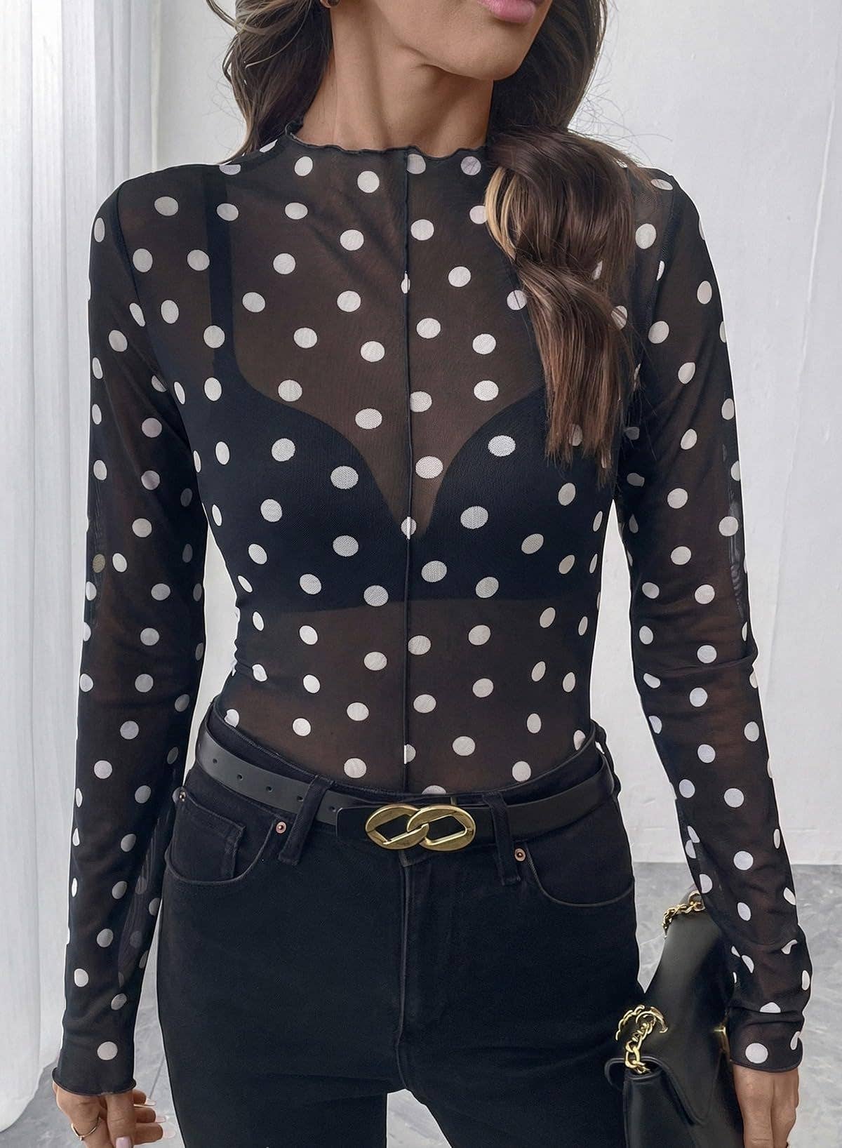 Polka Dot Mesh Top Sheer Fitted Club Blouse