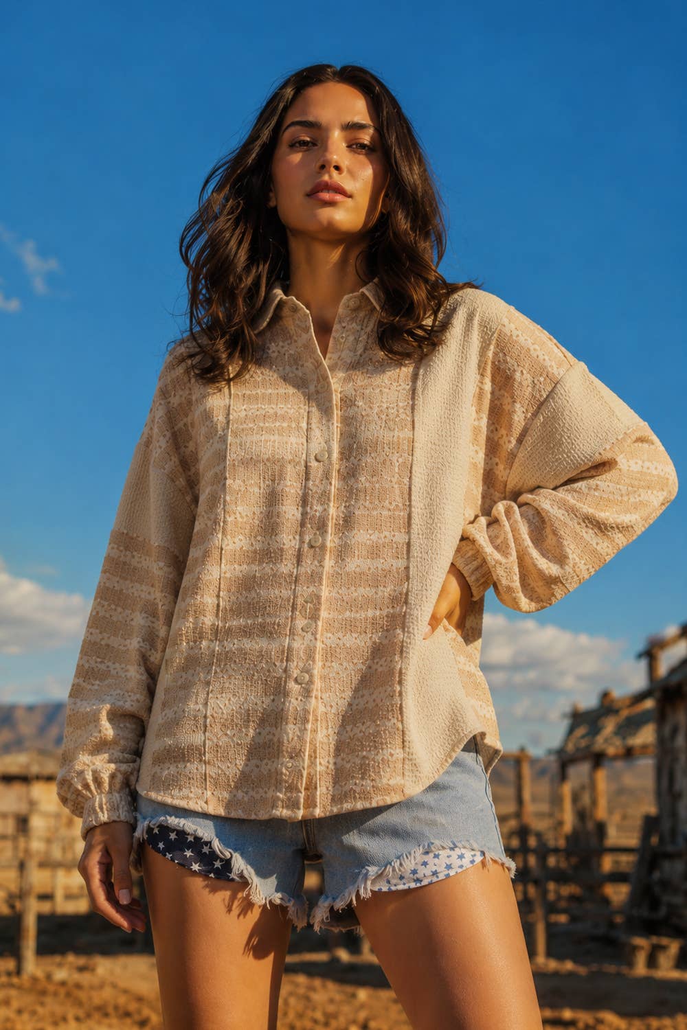 NT12264-Oversized Mixed Knit Casual Shacket Jacket