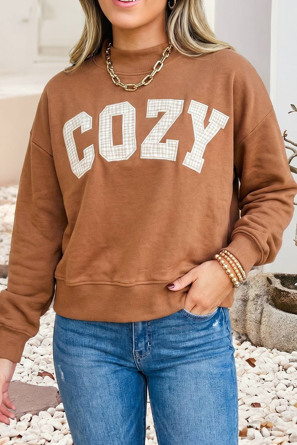 LDC COZY Print Mock Neck Long Sleeve Casual Sweatshirt
