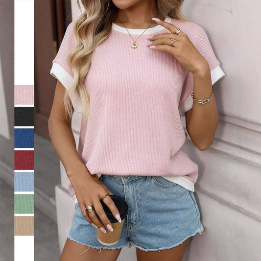 Colorblock Short Sleeve Knit Top for Summer Casual Wear