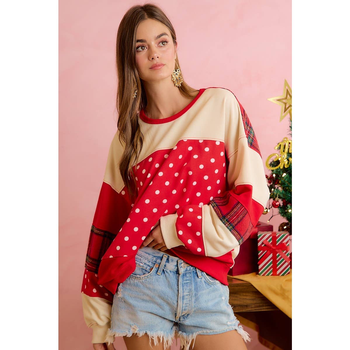 PLAID AND POLKA DOT PATCHWORK CHRISTMAS SWEATSHIRT