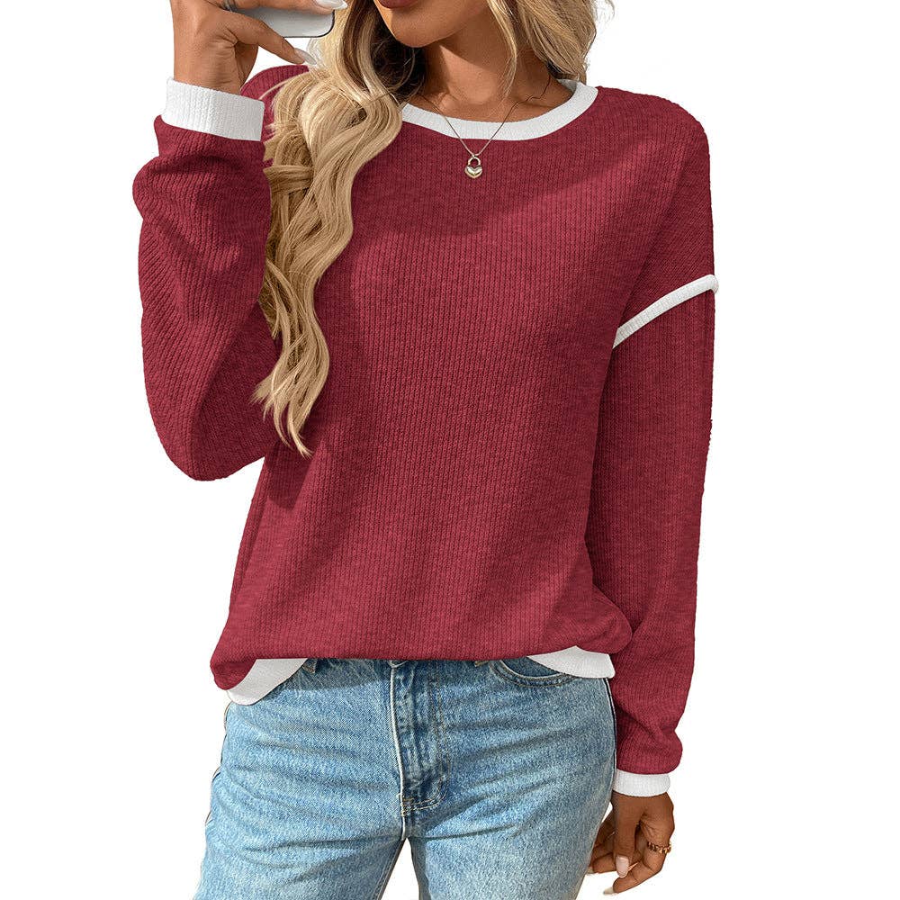 Colorblock Crewneck Knit Look Long Sleeve Pullover Top