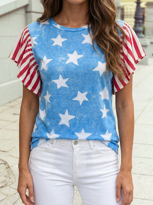 Star Print Striped Ruffle Sleeve Independence Day Top