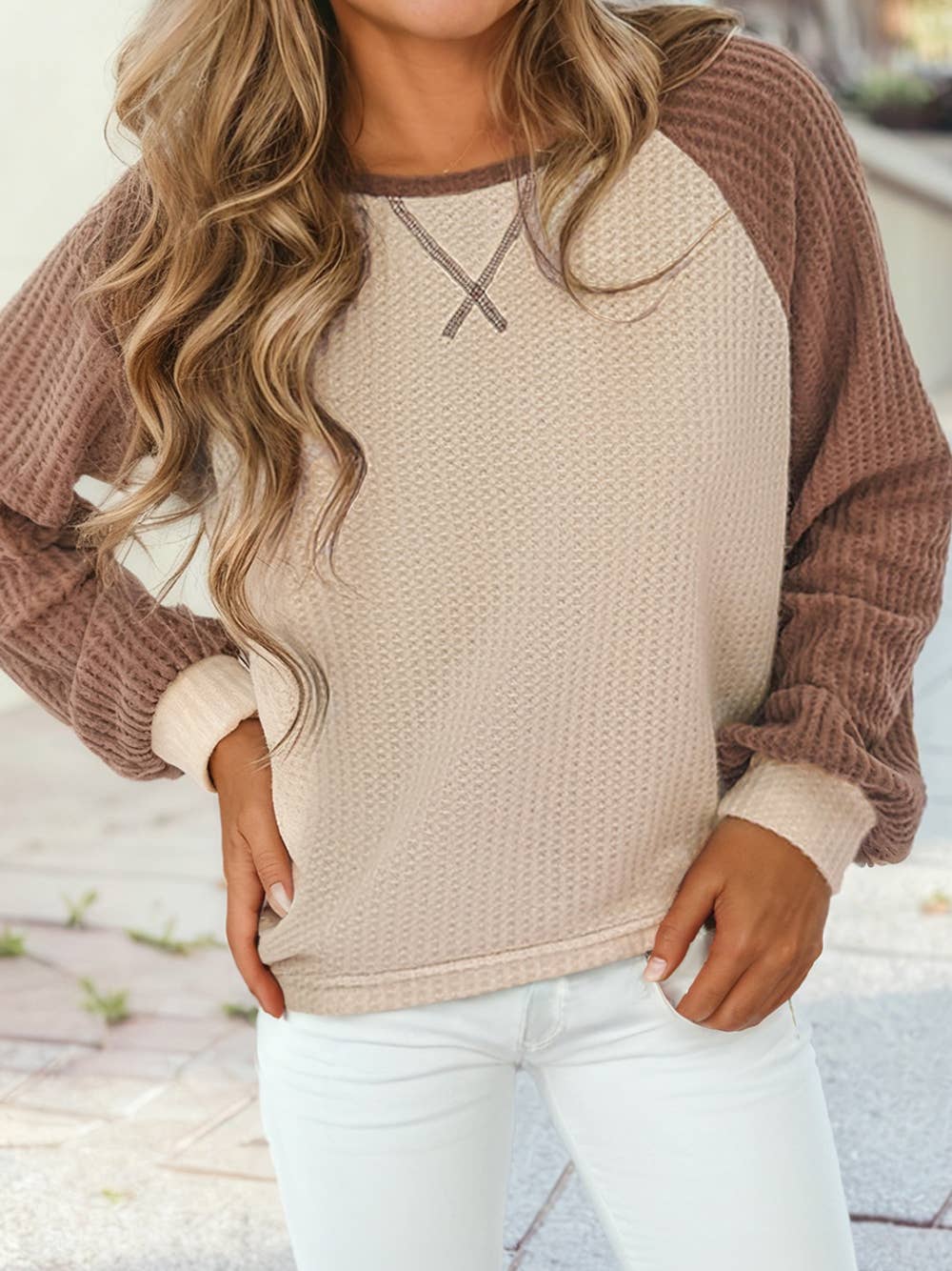 Waffle Color Block Raglan Sleeve Top