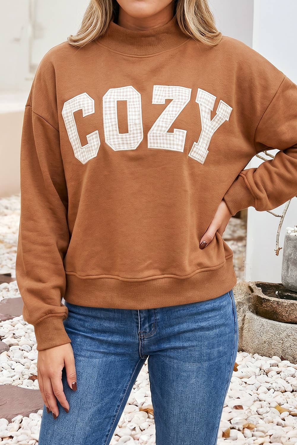 LDC COZY Print Mock Neck Long Sleeve Casual Sweatshirt