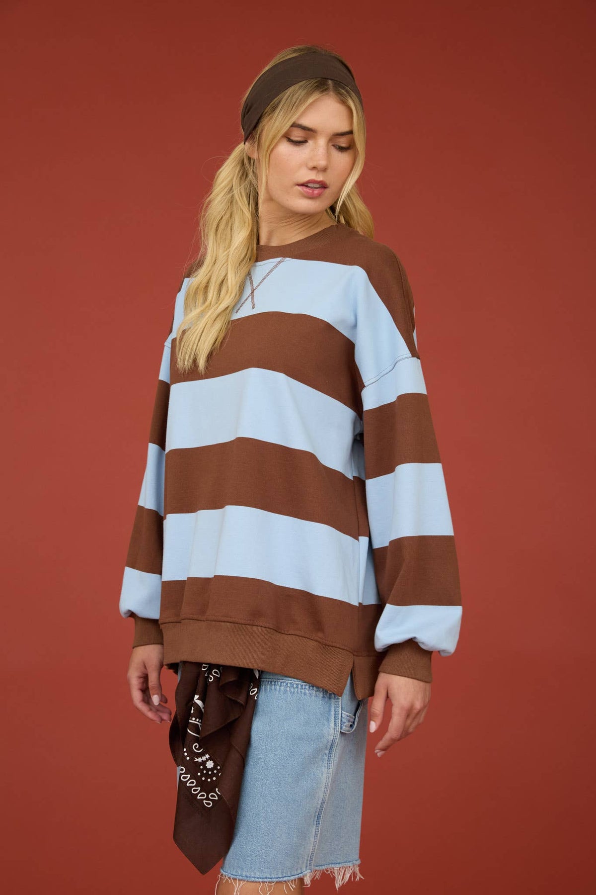 OVERSIZED WIDE STRIPE CREW NECK KNIT TOP