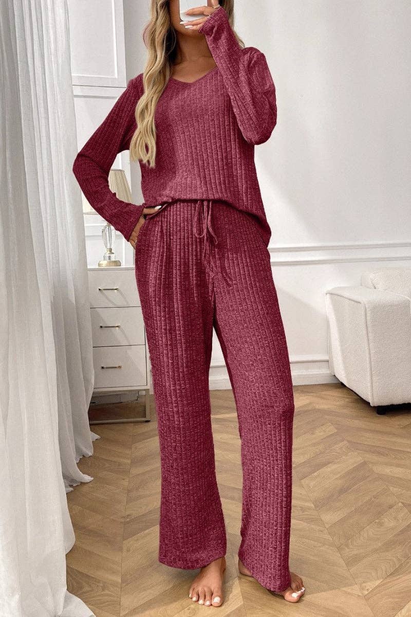Ribbed Knit Lounge Set with V Neck and Wide Pants