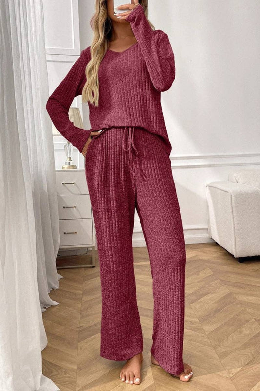Ribbed Knit Lounge Set with V Neck and Wide Pants