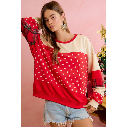 PLAID AND POLKA DOT PATCHWORK CHRISTMAS SWEATSHIRT